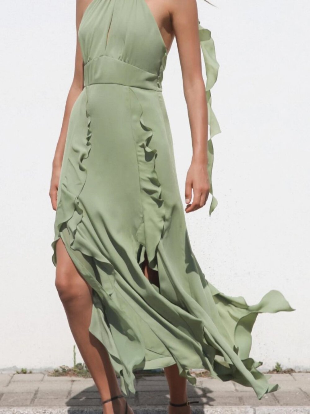 NWT Zara Sage Green Halter Dress, Wedding Guest, Feminine, Romantic, Flowy Dress